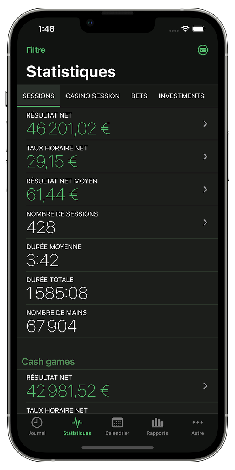 Statistics screen in Poker Analytics