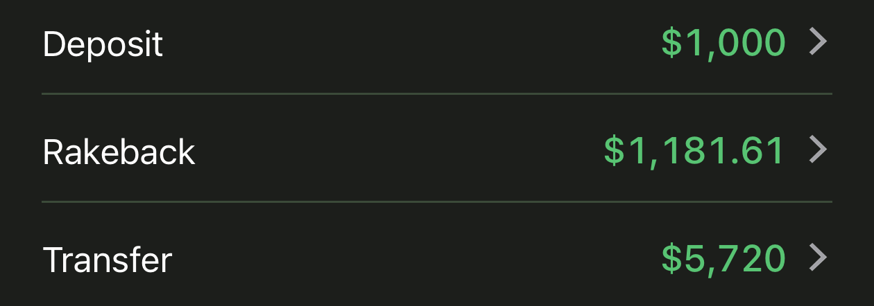 Bankroll transaction list with buy-ins, cash-outs, tips and expenses
