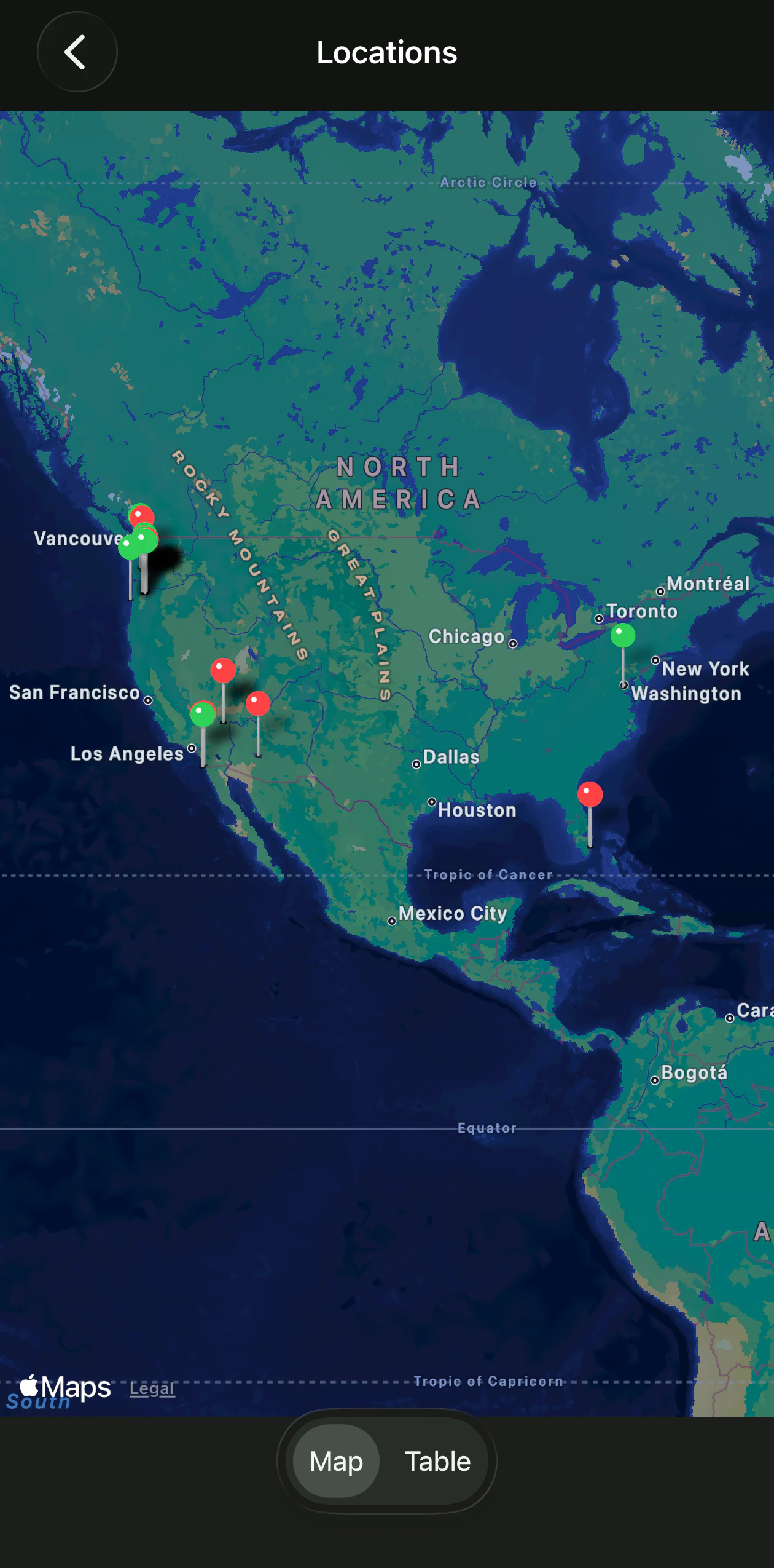 Map of session locations with win and loss pins