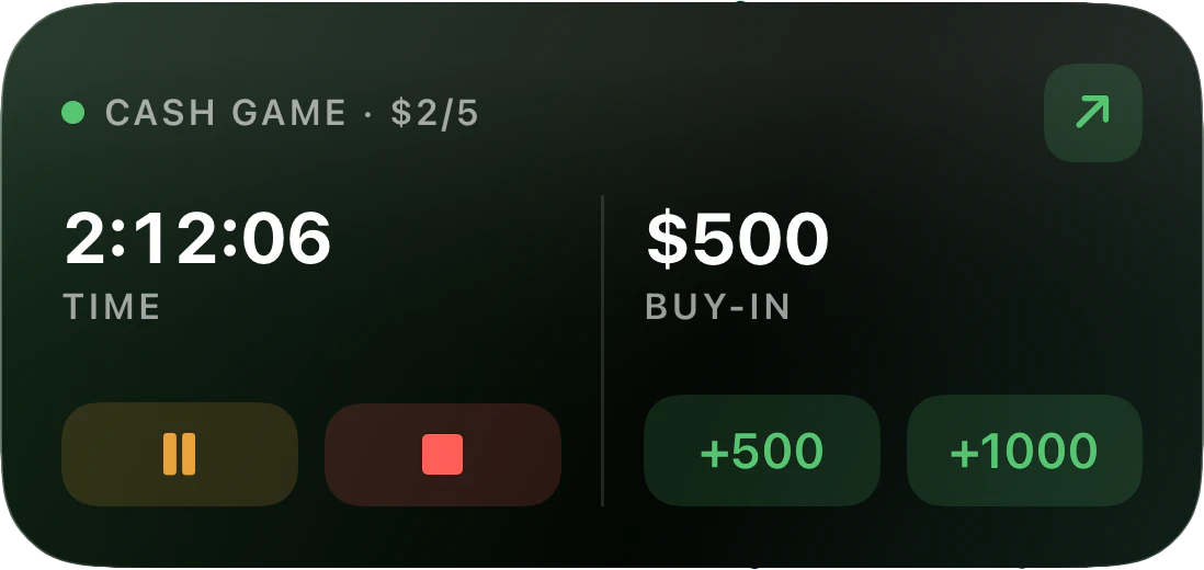 Home screen widget showing a live cash game session with running timer, buy-in and quick pause, stop and add-buy-in controls