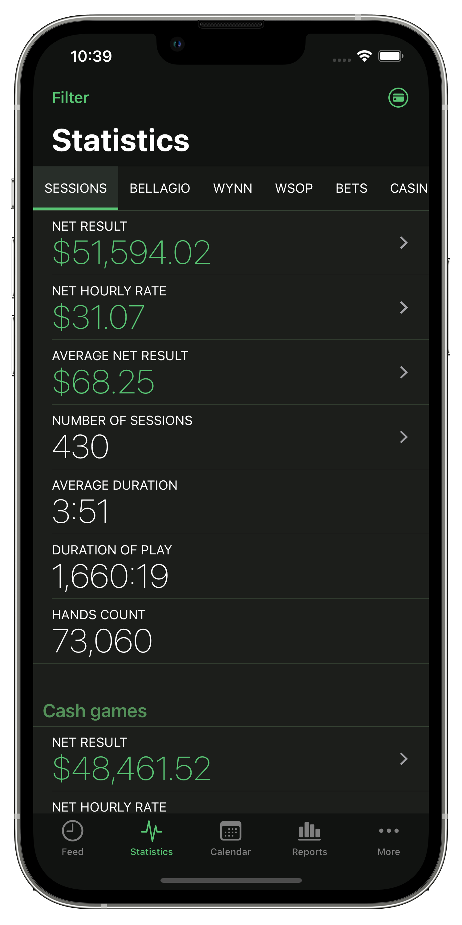 Statistics screen in Poker Analytics